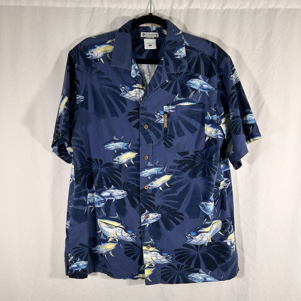 Columbia Hawaiian Shirt Mens Medium Blue Button Up Short Sleeve Fish River Lodge